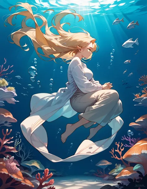 (score_9,score_8_up,score_7_up),1woman,solo,mature,big sister,middle age,adult woman, blonde hair, white body, floating underwater, underwater sunlight, bioluminescence, darkness, abyss, empty water