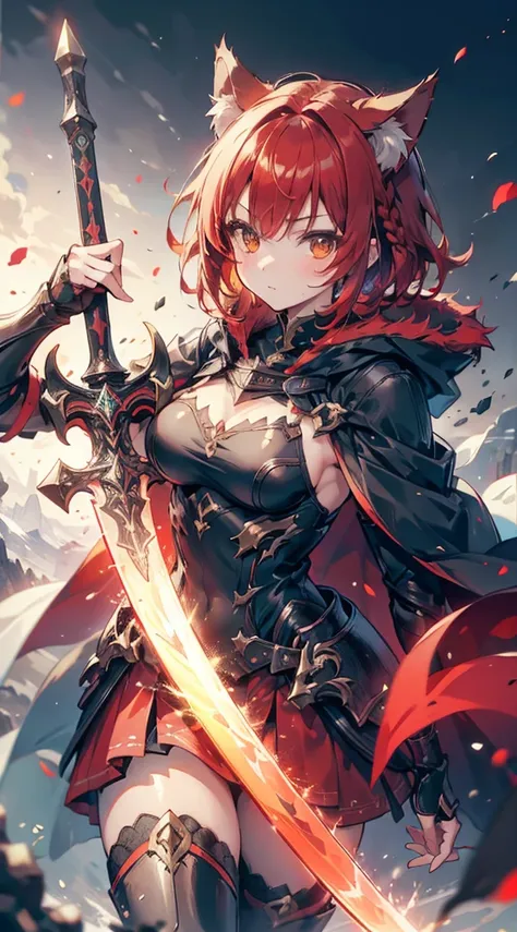 Cat Girl，short hair，braid，Tomboy，cute，Passion，Full of vitality，Energetic，Lively，shota，femboy，Red hair，Cat ears，Body hair，furry，furry，Red fur all over，hairy，sword，持sword，佩sword，拿着sword，cloak，cloak，Heroic Style，armor，奇幻armor