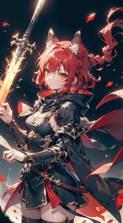 Cat Girl，short hair，braid，Tomboy，cute，Passion，Full of vitality，Energetic，Lively，shota，femboy，Red hair，Cat ears，Body hair，furry，furry，Red fur all over，hairy，sword，持sword，佩sword，拿着sword，cloak，cloak，Heroic Style，armor，奇幻armor