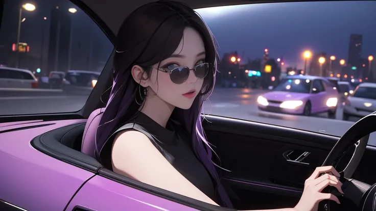 nightの埠頭, {{{nightのネオン}}}, super detailed skin, masterpiece:1.4,  8K resolution, ultra HD, symmetric eyes, Brown Hair、car、{{carのボンネットに座る女}}、Beautiful Asian girl with purple hair, city view from the window, Perfect Face, sunglasses, Sleeveless, Neon Black, ...