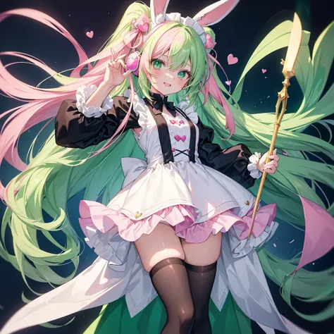 One woman,((Put on rabbit ears,Cosplay 20 years old,A little more mature atmosphere)) Green Eyes,Super Shining,Crystal long hair,green,Fluffy hair, maid outfit, black boots,A big smile down to my knees,front,Showing a little teeth Background(Pink Backgroun...