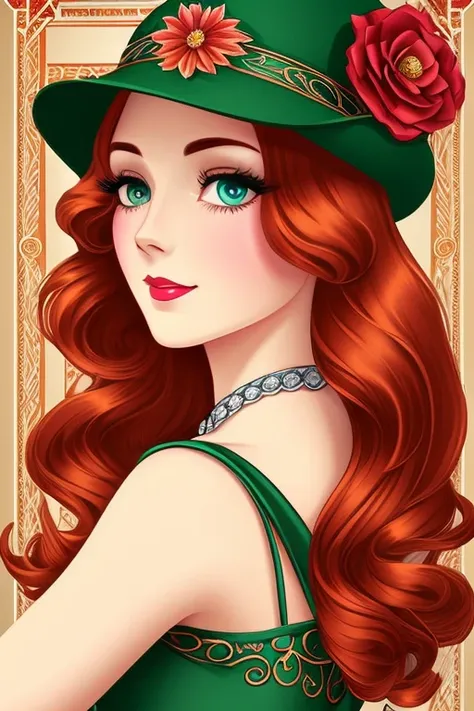 1920s Grand Gatsby style woman, red hair, green eyes, perfect face, pretty, hat with flower on head, closed mouth, colorful outfit, realistic style, detailed art, high quality graphics, bright, 8k, build a masterpiece of art with its best graphic quality, ...