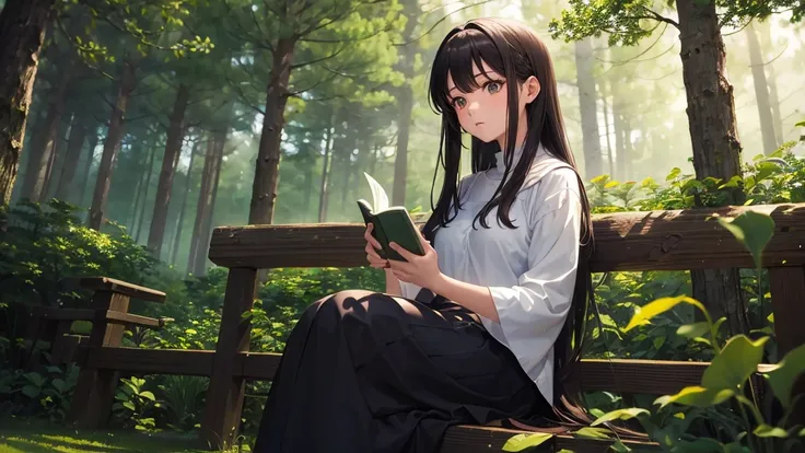 (4K images:1.3),Anime-like image,High resolution,Very beautiful illustration,A fantastic atmosphere,Girl sitting in the forest、I read a book,Holy Spirit,Ghibli-inspired design,Her hair color is dark brown.