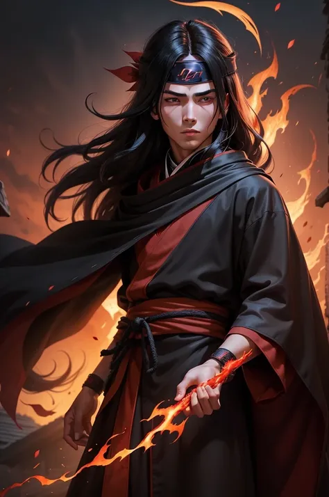 masterpiece, Detailed, a young man covered in black cape with red cloud drawing or akatsuki robe From Naruto, itachi uchiha, Red eyes, Upper Body, Ninja, Leaf headband, Red moon in the background, Red Theme, From Naruto, Long Hair, Wrapped in red flames、Fa...