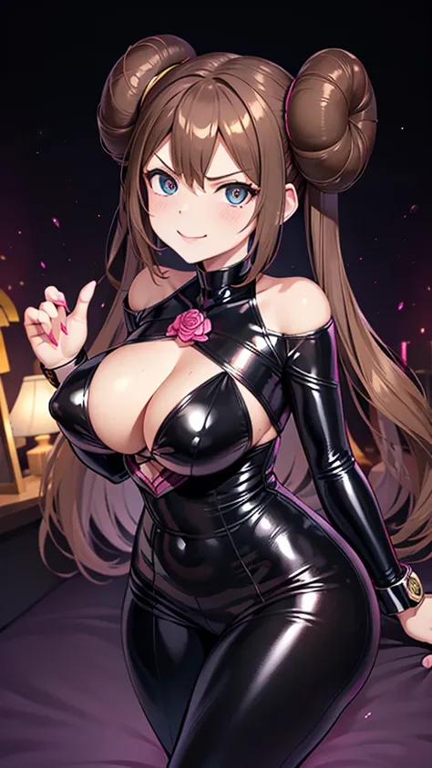 Erotic、tall、Big Breasts、Pokemon　May「Rose」、Brown hair twin tails bun、Shiny latex rubber suit、Off the shoulder、　Pink line、Evil female executive、sexy、Evil smirk face、tall、adult、lure、Alluring、Pitch black background、Dark bedroom at night、Fall into Darkness、Fall...