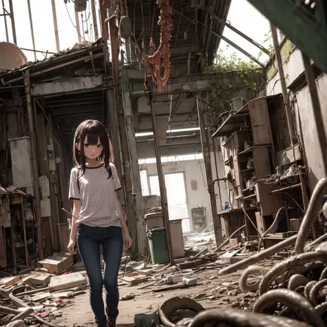 ８year、girl captured by tentacles in abandoned factory、tentacles in a skirt、pants fabric texture、cry