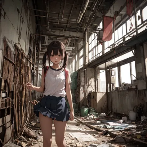 ８Year、Girl captured by tentacles in abandoned factory、Tentacles in a skirt、Pants fabric texture、Cry