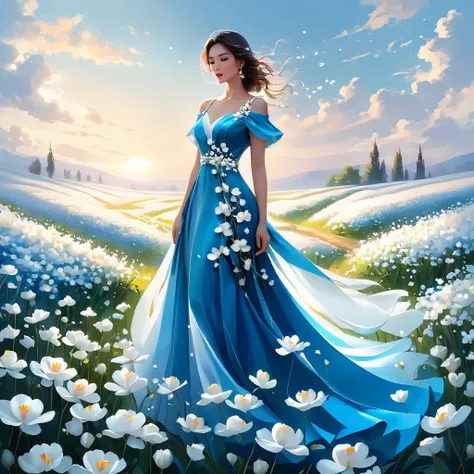 A woman in a blue dress stands on a field of white flowers, Beautiful digital artwork, elegant digital painting, exquisite digital illustration, digital art of elegance, beautiful digital art, очень beautiful digital art, прекрасное gorgeous digital art, Z...