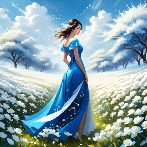 A woman in a blue dress stands on a field of white flowers, Beautiful digital artwork, elegant digital painting, exquisite digital illustration, digital art of elegance, beautiful digital art, очень beautiful digital art, прекрасное gorgeous digital art, Z...