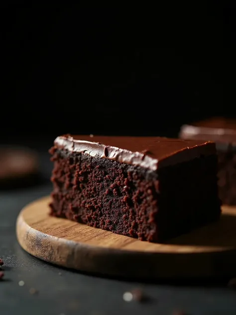 cinematic film still chocolate, chocolate cake, dark background, quality photo, moist texture, frosting, studio photo, slice . shallow depth of field, vignette, highly detailed, high budget, bokeh, cinemascope, moody, epic, gorgeous, film grain, grainy