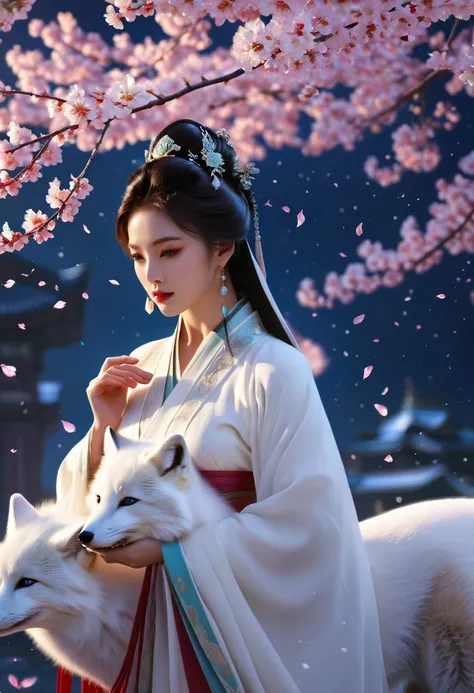 (masterpiece:1.2), best quality, highres,extremely detailed CG,perfect lighting,8k wallpaper, Empress，whole body，ear，Eye，sideways，arctic fox，Cherry blossoms，White, Hanfu， Under the firmament