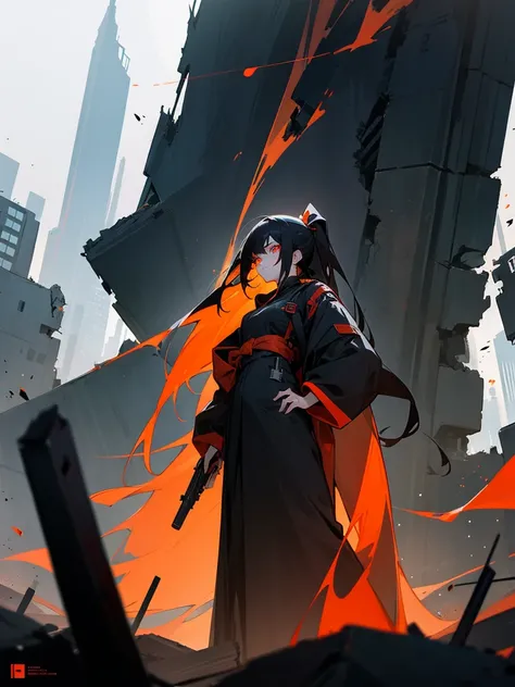 Girl with long hair and boy with red orange eye and black hair. But their behind hair is navy colour. They standing side by side on a destroyed city holding there own weapons and stare at their own weapons