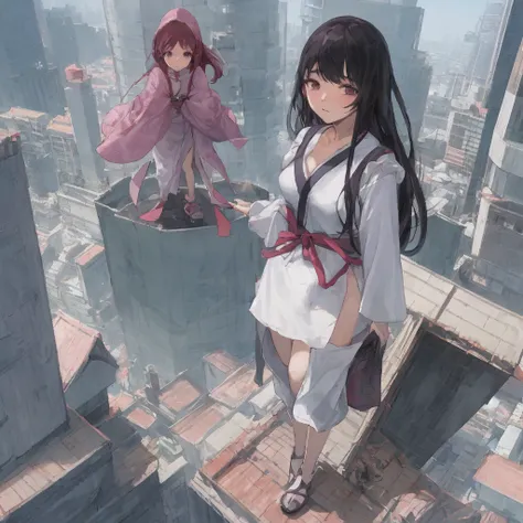 Arabian woman standing on top of a building overlooking the city, Ulzzang, Korean Girls, Portrait of a Japan teenager, Wearing long, loose clothing, 🤤 Portrait of a Girl, Chiho, Yoshitomo Nara, Blackpink&#39;s Joshi portrait, young asian girl, From 8k matt...