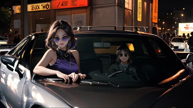 {{carの前で座る女}}、nightの埠頭, {{{nightのネオン}}}, super detailed skin, masterpiece:1.4,  8K resolution, ultra HD, symmetric eyes, Brown Hair、car、Beautiful Asian girl with purple hair,  Perfect Face, sunglasses, Sleeveless, Neon Black, (Backlight: 1.1), Hard Shadows...