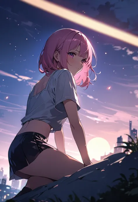 A girl with short pink hair wearing a top and a mini skirt stays on top of a hill、When I see the city lights、A large moon rises in the background. Cinematic, moonlight, night,