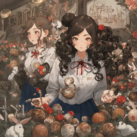 Brownish black hair, Iris, Fair skin, Face like goose eggs, Attractive facial features, expensive, Confidence and strength, high school girl, school uniform, Curly Hair, Hair Bun, With hairpin, Red Rose, Blue Butterfly, White Rabbit, signboard, Official Qu...