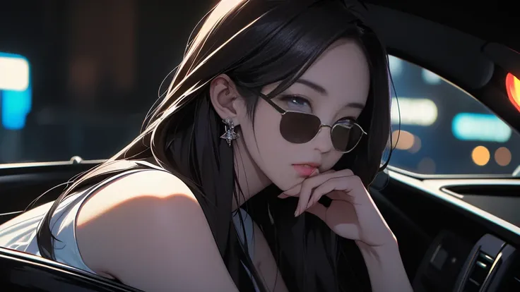 {{carの前で座る女}}、nightの埠頭, {{{nightのネオン}}}, super detailed skin, masterpiece:1.4,  8K resolution, ultra HD, symmetric eyes, Brown Hair、car、Beautiful Asian girl with purple hair,  Perfect Face, sunglasses, Sleeveless, Neon Black, (Backlight: 1.1), Hard Shadows...