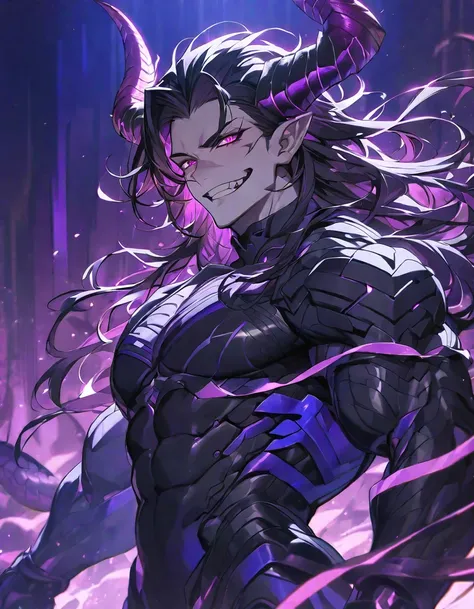 One, good looking, 1 person, Sporty body, V-shaped body, Detailed armor in black with purple glittering details, black demon horns, Long Hair, Black Hair, Reddish purple color of reptile eyes, Purple thread, Black light,Muscular boy,Wicked Smile