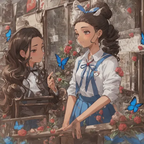 Brownish black hair, Iris, Fair skin, Attractive facial features, expensive, Confidence and strength, high school girl, school uniform, Curly Hair, Hair Bun, With hairpin, Red Rose, Blue Butterfly, White Rabbit, signboard, Official Quality, mysterious, Lig...