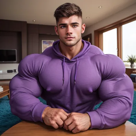 a very handsome young man, mid fade haircut, with massively large muscles, massively muscular, wearing a simple purple sweatshir...