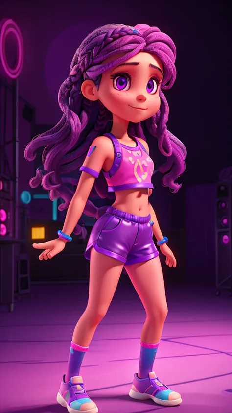 A DJ with long hair in pink braids, purple and dark blue, wearing a purple holographic crop top and dark blue vinyl shorts, dancing to electronic music in a festival setting with neon lights. Silver headphones dangle from one hand as she looks at the camer...