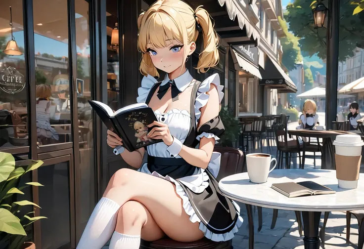 (((Best quality, 8k, Masterpiece: 1.3)), ((best quality)), ((masterpiece)), (detailed), perfect face, A maid girl with blonde hair, short twintails, A maid costume with frills, high resolution, Textured skin, anime style, Reading a Photo album on the open ...