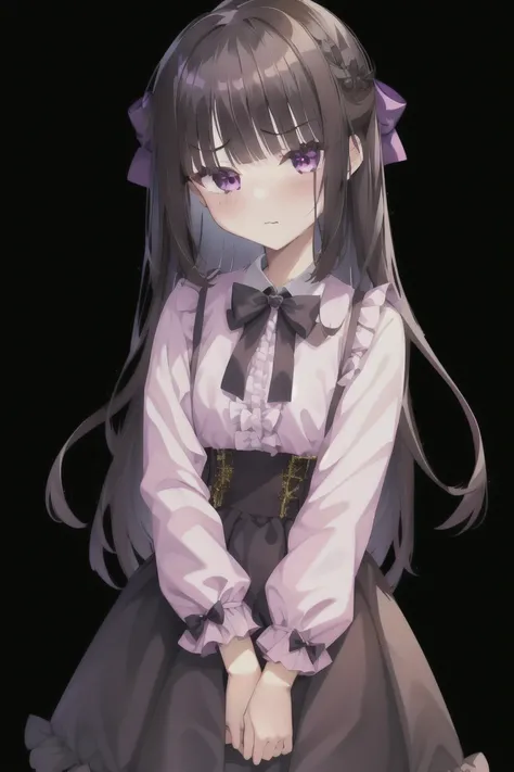 1girl,独奏,long_hair,blush,bangs,skirt,shirt,black_hair,long_sleeves,bow,very_long_hair,purple_eyes,hair_bow,frills,puffy_sleeves,collared_shirt,black_skirt,bag,two_Side_up,v-shaped_eyebrows,dress_shirt,black_bow,depth_of_field,lace_trim,puffy_long_sleeves,p...