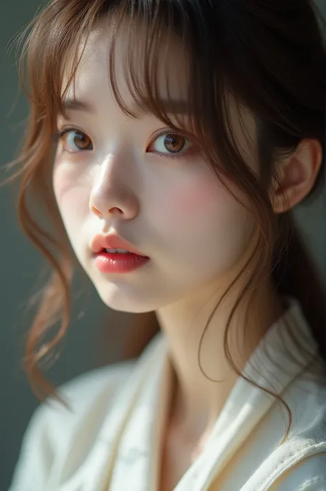 1 Female, (Close-up of face:1.5), Light brown hair, Blunt bangs, Hair behind the ear, Hair that falls over the shoulders, Long Hair, Ultra Fine Face, Thin face, Delicate lips, (Beautiful Eyes:1.5), Light blush, eyes are light brown,Have a look at this, Ult...