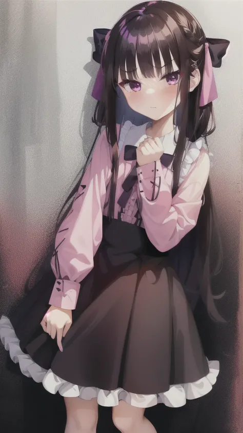 1girl,独奏,long_hair,blush,bangs,skirt,shirt,black_hair,long_sleeves,bow,very_long_hair,purple_eyes,hair_bow,frills,puffy_sleeves,collared_shirt,black_skirt,bag,two_Side_up,v-shaped_eyebrows,dress_shirt,black_bow,depth_of_field,lace_trim,puffy_long_sleeves,p...