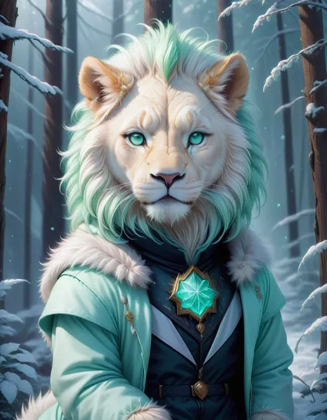 aesthetic portrait commission of an albino furry anthropo lion wearing a beautiful mint color, cozily, winter outfit in soft pastel colors. winter atmosphere character design by Charlie Bowater, ross tran, artgerm, e Makoto Shinkai. arte da furaffinity, we...