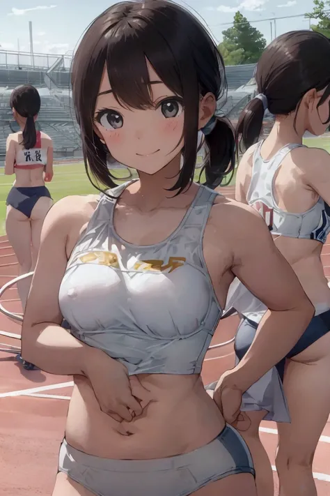 Browsing Caution, Incredibly cute girl, Track and field club, Multiple Girls Star Pieces Aster Pieces, Highest quality)), 15 years old, A big bust that seems to burst, Small breasts, Group photo, A radiant smile、((White sports bra))、((White panties))