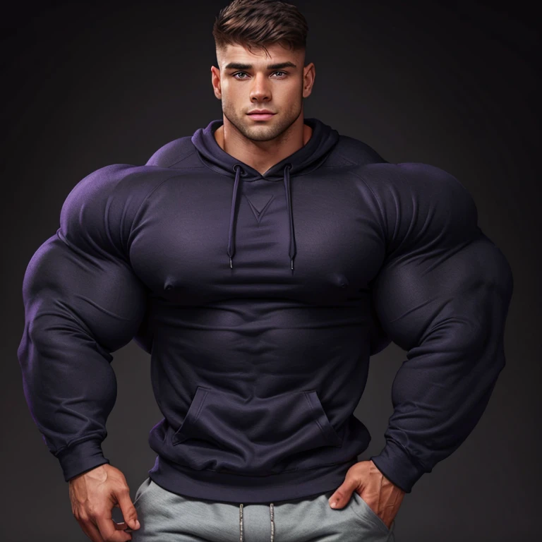 a very handsome young man, mid fade haircut, with massively large, massively muscular muscles, wearing a simple purple sweatshirt with long sleeves, on a black background