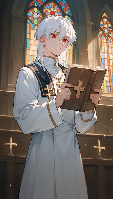 A priest has long white hair, with two bangs. He has red eyes and wears a typical priests outfit. He is a young man, holding a bible, standing in church.