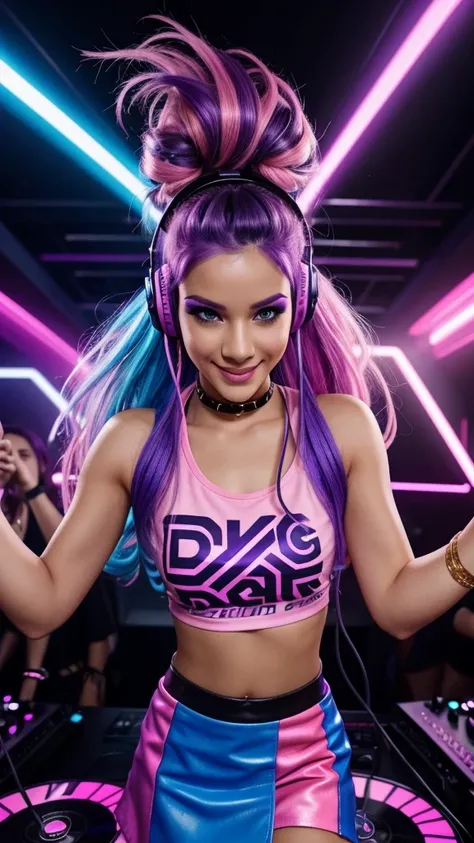 A DJ with spiral hair colored purple and pink, wearing a dark blue graphic tee and a purple leather skirt, dancing in a club with blue and purple neon lights. She has gold headphones in her ears and looks straight into the camera with a mischievous smile.,...