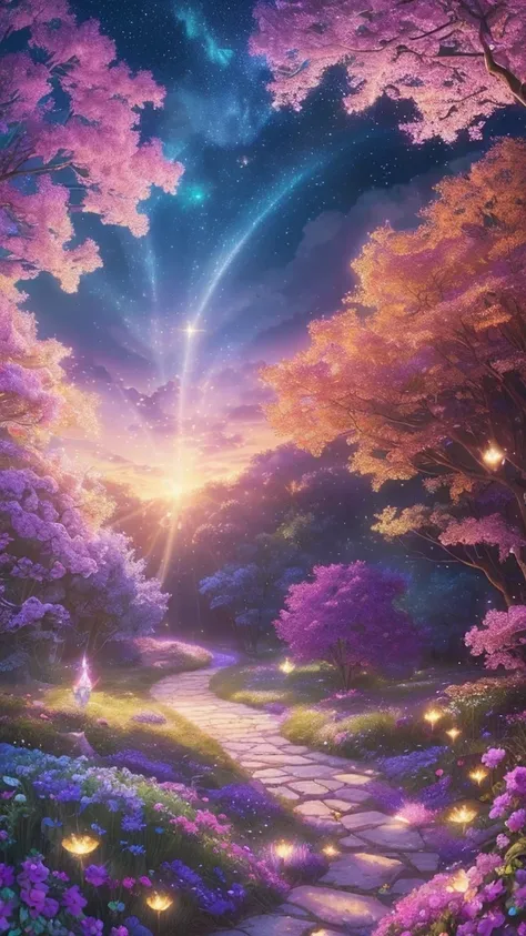 (cute,vibrant colors,fantasy,dreamlike scenery,soft lighting,magical atmosphere,whimsical details),(best quality,ultra-detailed,realistic:1.37),(illustration),(colorful flowers,butterflies,sparkling stars,golden sunlight,fluffy clouds,mystical creatures,en...