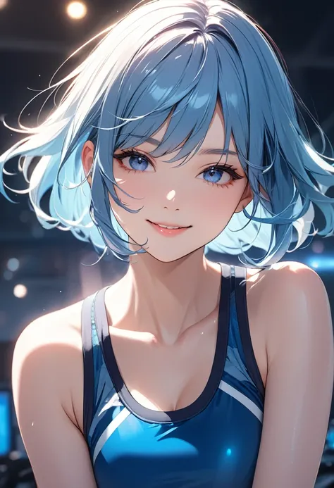 (masterpiece:1.5),(Beat quality),(high res),1girl solo,beautiful face,smile,light effects,Blue-haired woman in blue sportswear,Blue sky