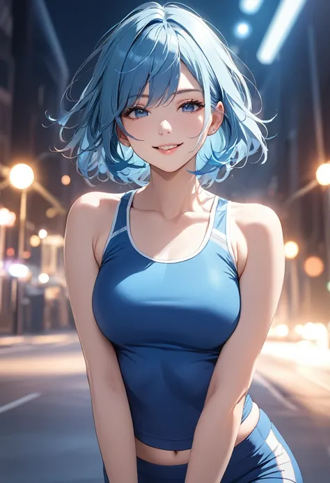 (masterpiece:1.5),(Beat quality),(high res),1girl solo,beautiful face,smile,light effects,Blue-haired woman in blue sportswear,Blue sky