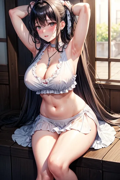 Kaori, Single model, solo, half Asian, half Latino, very long straight black hair, freckles, blushing, wet eyes, long chain pendant, very large heavy breasts, chubby, belly, stretchmarks, white training top, frilled dress