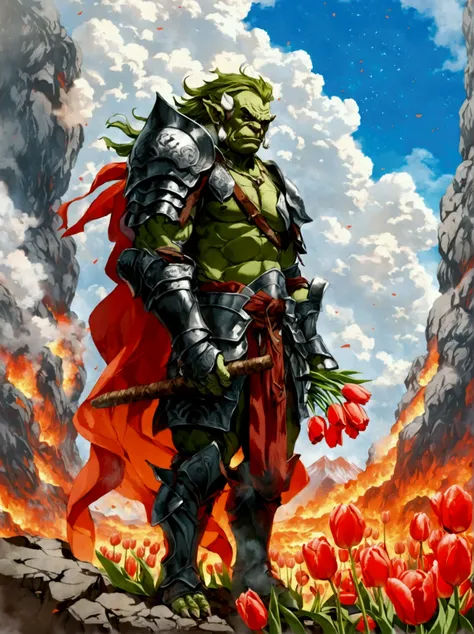 This is a scene from a fantasy world.，Depicts an orc warrior。He is muscular，green skin，Wearing heavy armor。((He holds a beautiful bouquet of tulips in his hands))，((Beautiful tulips))。He stood proudly in front of a turbulent volcanic backdrop，Surrounded by...