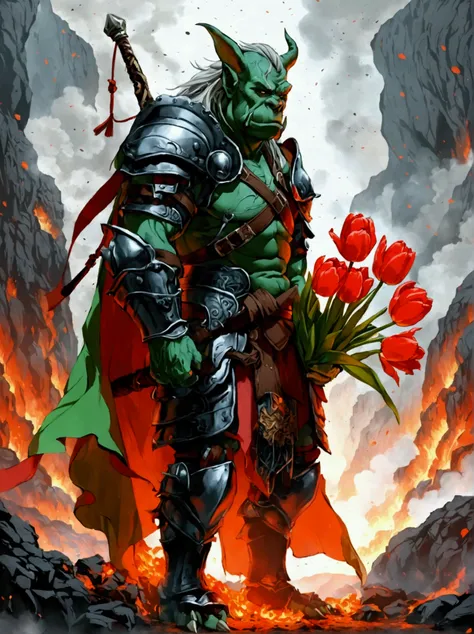 this is a scene from a fantasy world.，depicts an orc warrior。he is muscular，green skin，wearing heavy armor。((he holds a beautifu...