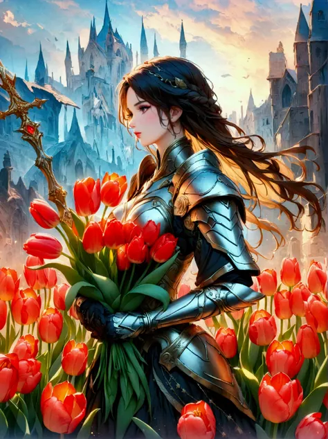 A majestic warrior in shining armor，((She holds a beautiful bouquet of tulips))，((Beautiful tulips))，Standing in the middle of a fierce battle。This scene was inspired by key elements of Gustav Klimt’s famous Golden Age。Lively and lively composition，The str...