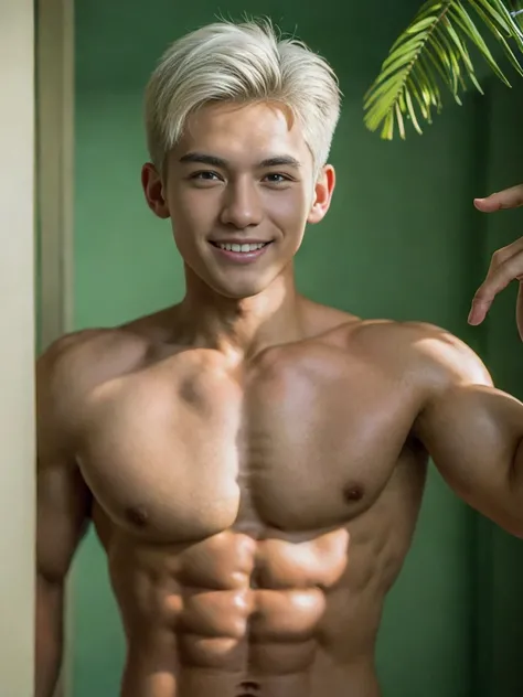 ((masterpiece)), ((best quality)), ((high resolution)), ((Detailed background)), ((Extremely detailed CG unified 8k wallpaper)), alone, Young men,white hair,short hair,Smile,thin waist，6-pack abs，sexly pectoral muscles,sexly, Thin stature,detailed body, Th...