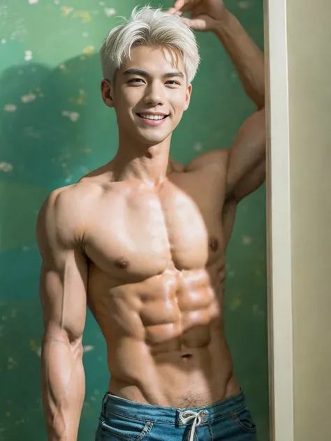 ((masterpiece)), ((best quality)), ((high resolution)), ((Detailed background)), ((Extremely detailed CG unified 8k wallpaper)), alone, Young men,white hair,short hair,Smile,thin waist，6-pack abs，sexly pectoral muscles,sexly, Thin stature,detailed body, Th...