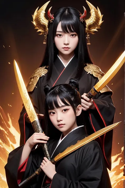 A black-haired girl in a two-dimensional cartoon wearing a black dragon robe embroidered with a golden dragon and a noble and gorgeous expression，Holding a samurai sword in hand and with a sharp look in his eyes