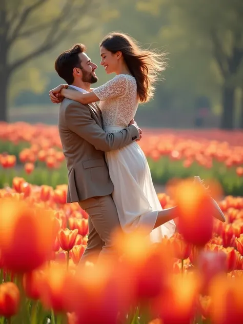 a handsome man lifts a beautiful woman into the air，(((surrounded by fields of brightly colored tulips)))。their facial expressio...