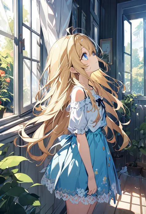 1girl, cute girl, open shoulder, laced skirt, blonde hair, from side, long hair, looking up, disheveled hair, window, curtain, sunlight, shinny hair, blue eyes, qhly, garden, standing