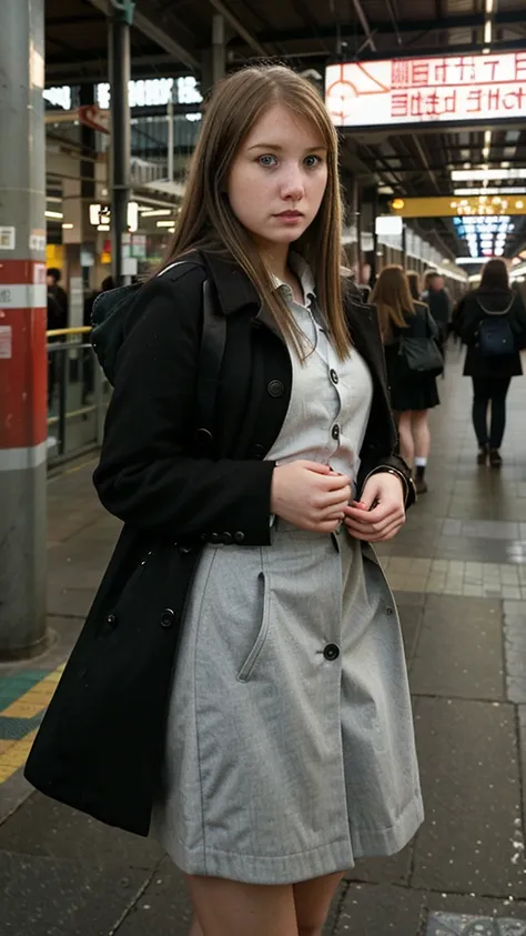 a bustling train station with people hurrying to catch their trains. the camera pans to a young woman, sarah, waiting for her tr...