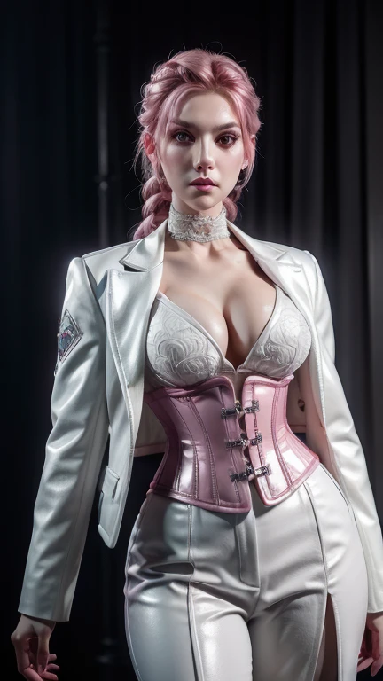 1girl, portrait of beautiful lobapex, athletic, white jacket, corset, skirt, pants, dark pink hair, braids, makeup, choker, cleavage, wide hips, volumetric lighting, best quality, masterpiece, intricate details, tonemapping, sharp focus, hyper detailed, tr...