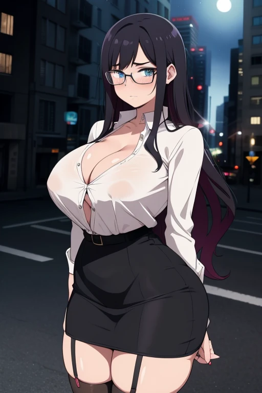 20 year old woman, busty, bubble butt, hourglass figure, skinny, blushing, frustrated expression, horny, seductive, long hair, wavy hair, wearing white shirt, black pencil skirt, black stockings, garter belt, glasses, high heels, office attire, tight fitti...