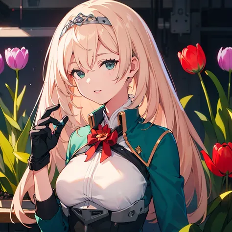 kcdanyang,long hair,tiara,green jacket,red flower,long sleeves,black gloves,
(masterpiece:1.4),(best quality:1.4), (amazing), (great illustration:1.4), (ultra-detailed:1.4), (art CG, 8K),1 girl,solo,
(Tulip:1.2),

